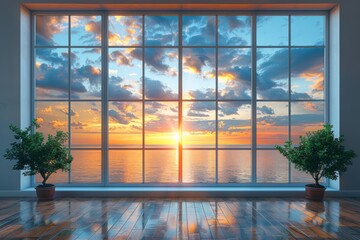 Modern living room with large windows and a breathtaking sunset view, creating a tranquil and elegant space for relaxation