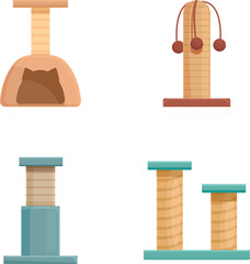 Collection of four stylish cat scratching posts with different designs on a white background