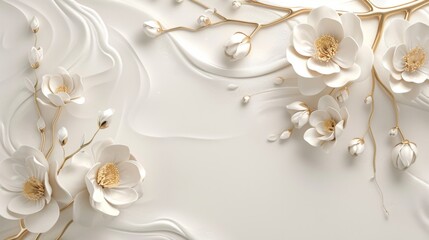 3d wallpaper white background with golden flowers branch, luxury design art for wall decoration, abstract background
