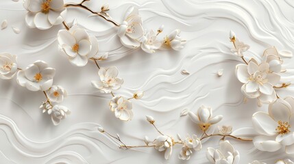 3d wallpaper white background with golden flowers branch, luxury design art for wall decoration, abstract background