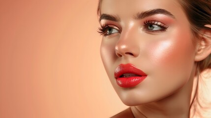 Elegant Model Showcases Decorative Cosmetics on Peach Backdrop Advertising Banner