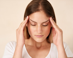 Headache, stress and face of woman with anxiety for crisis, burnout and frustrated for brain fog by...