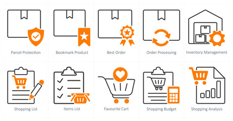 A set of 10 shopping icons as parcel protection, bookmark product, best order