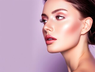 Fototapeta premium Elegant Model Showcases Professional Makeup Range on Clean Lavender Backdrop