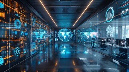 Technology-driven office with the latest advancements, including AI interfaces, touch screens, and automated systems