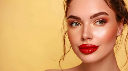 Elegant Model Showcases Exquisite Makeup Collection on Soft Yellow Backdrop
