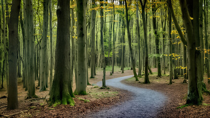 Zigzag Asphalt Path Through Tall Trees in Park