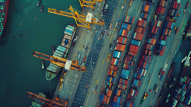 An aerial view of a bustling port with cargo ships, cranes, and containers, illustrating the integration of sea and land transport in global logistics. Generative AI illustration 