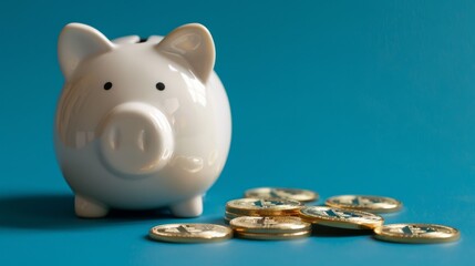 Modern Financial Concept: A white piggy bank and a Bitcoin coin.  integration of traditional saving methods with modern digital currency, financial innovation and security