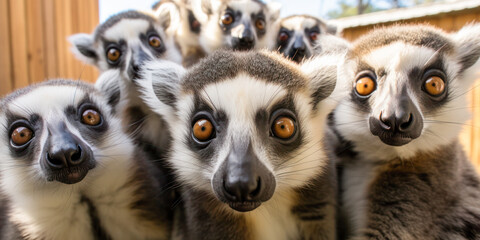 Fototapeta premium Group of Curious Lemurs in the Forest Posing at Camera. A close-up of a group of curious lemurs with wide eyes, exploring their forest habitat on a sunny day.