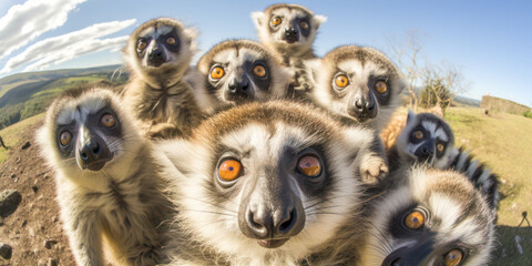 Fototapeta premium Group of Curious Lemurs in the Forest Posing at Camera. A close-up of a group of curious lemurs with wide eyes, exploring their forest habitat on a sunny day.