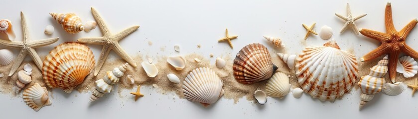 An elegant beach-themed border featuring an assortment of seashells and starfish arranged around a sandy white background