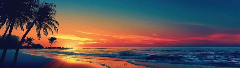 Obraz premium An enchanting beach scene at dusk, featuring palm trees silhouetted against a colorful sunset sky