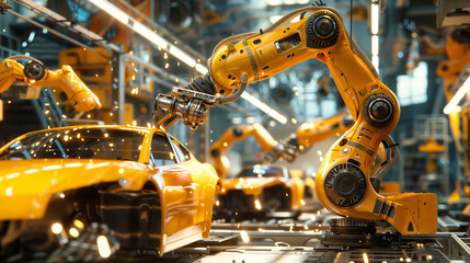 Fototapeta premium 工場のロボットアームが自動車の部品を組み立てるシーン Scene of a factory robot arm assembling car parts.