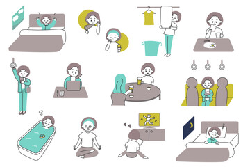 働く女性の日常のイラストセット