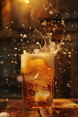 Refreshing Beer Splash in Glass on Dark Background with Bokeh Lights