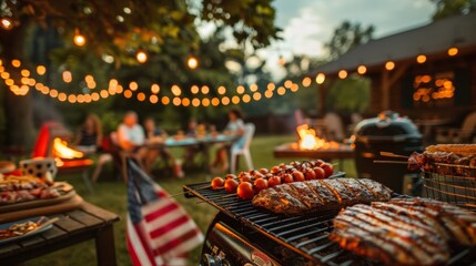 Backyard barbecue with meats on the grill and friends gathered at a table, festive lights creating a warm and inviting atmosphere.