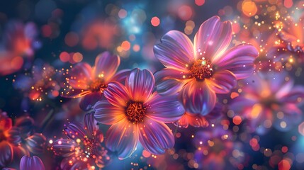 Surreal Neon-Hued Digital Floral Landscape with Sparkling Dewdrops Reminiscent of a Dreamy CG 3D Scene