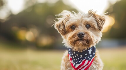 Adorable Fluffy Dog with Stars and Stripes Bandana
