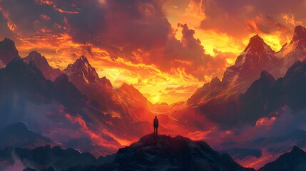 Lone silhouetted figure stands at the base of towering,rugged mountains against a fiery sunset sky evoking a feeling of solitude and awe in the vast