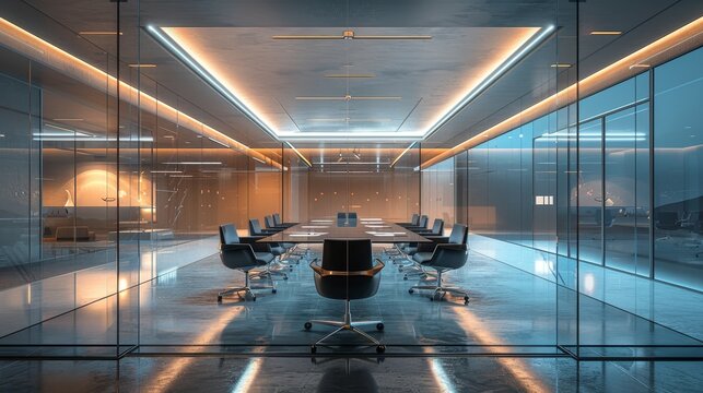 Glass-walled conference room with a futuristic design, hosting a high-level strategy meeting with international executives