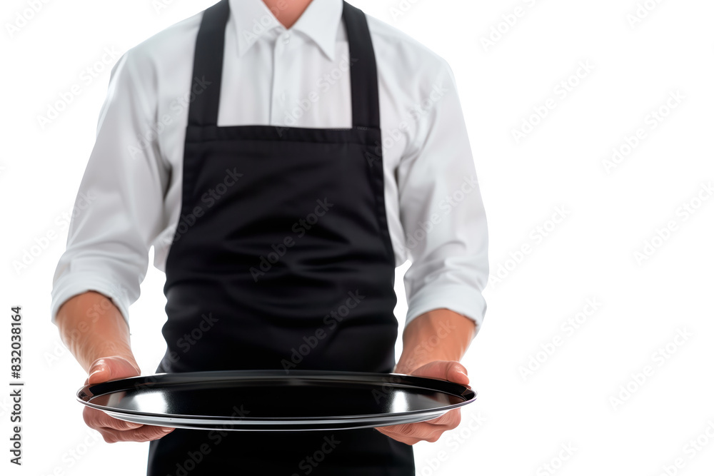 Wall mural Waiter in crisp white uniform and black apron holding empty metal tray isolated on white background