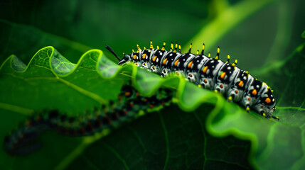 A large, hairy caterpillar with orange spots and yellow dots is crawling on a leaf. The caterpillar is surrounded by green leaves, which give the image a peaceful and natural feel - Powered by Adobe