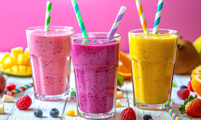 different smoothies in glasses with straws on a pink background, healthy eating, glass of fruit juice. wooden tabletop with pieces of fruit scattered around. Summer fruit cocktail, drink
