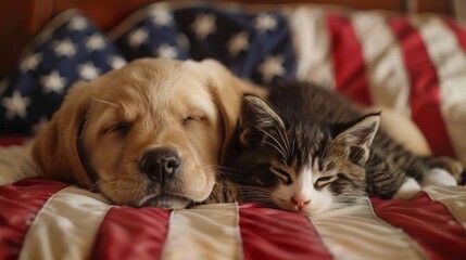 Adorable puppy and kitten sleeping together on an American flag blanket, showing love and companionship.