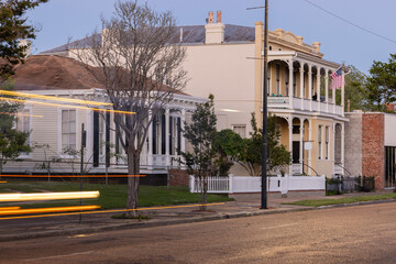 Natchez, Mississippi, USA - April 21, 2024: Twilight light descends on a quiet downtown Natchez landscape.