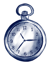 Sports watches. Stopwatch blue. Antique clock. Watercolor illustration made in monochrome technique.