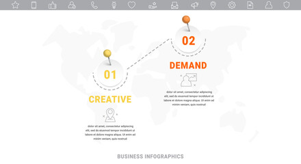 Business infographic timeline with 2 paths and circles. Modern timeline with two steps, options, and processes. Presentation infographics template