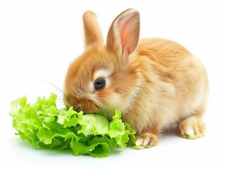 A baby bunny nibbling on a piece of lettuce agains  1