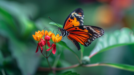 Fototapeta premium A butterfly is eating a flower. The butterfly is black and white. The image has a peaceful and calming mood