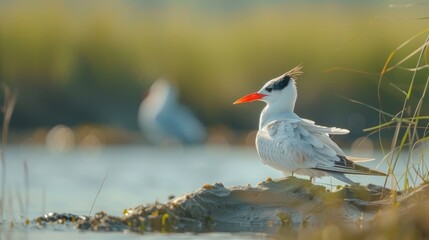 Fototapeta premium Caspian Tern grooming near a sandy shore with a fairy tern in the distance