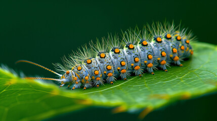 Fototapeta premium A large, hairy caterpillar with orange spots and yellow dots is crawling on a leaf. The caterpillar is surrounded by green leaves, which give the image a peaceful and natural feel