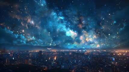 Obraz premium Breathtaking Cityscape Under a Shimmering Night Sky Ablaze with Constellations
