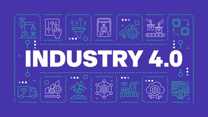 Industry 4 dark blue word concept. Fourth industrial revolution. Digital transformation. Horizontal vector image. Headline text surrounded by editable outline icons. Hubot Sans font used