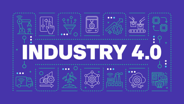 Industry 4 dark blue word concept. Fourth industrial revolution. Digital transformation. Horizontal vector image. Headline text surrounded by editable outline icons. Hubot Sans font used