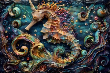 Naklejka premium Enchanting Seahorse Gliding Through Shimmering Underwater Dreamscape
