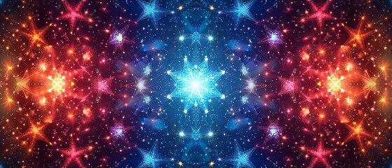 Abstract kaleidoscope with vibrant colors, symmetrical light patterns, and cosmic star shapes, perfect background or wallpaper for creative projects.