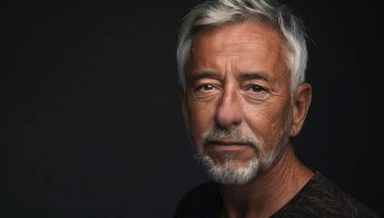 Obraz premium Portrait of a handsome mature man with grey hair and a short beard on a black background. handsome mature businessman standing alone against a grey background in the studio
