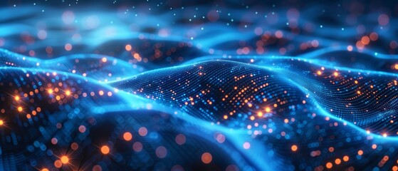 Fototapeta premium Abstract futuristic network background with glowing interconnected lines and dots in vibrant blue and orange hues, representing digital data.