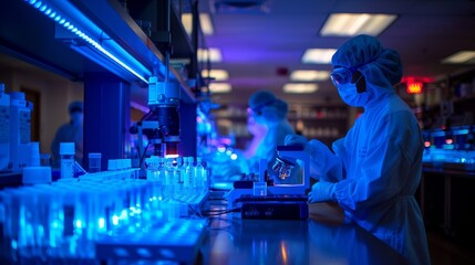 laboratory illuminated by soft blue lighting, scientists in white lab coats