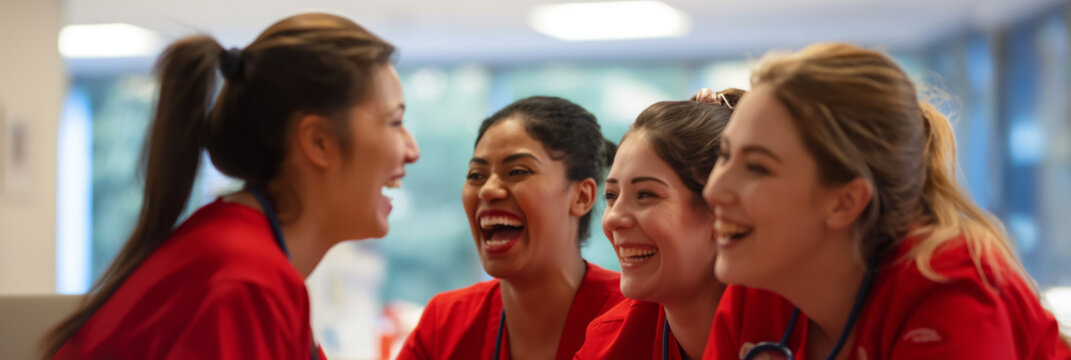 Healthcare workers converse in a clinical setting, with one looking directly at the camera