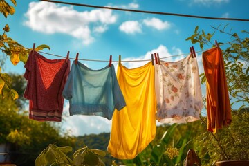 A vivid photograph of dry clothes hanging on a laundry line