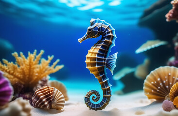 A seahorse swims underwater next to shells and corals. A beautiful and colorful underwater world