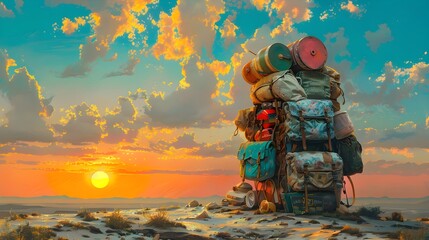 Vibrant Backpack of Eclectic Souvenirs at Sunset Evoking Wanderlust and Adventure