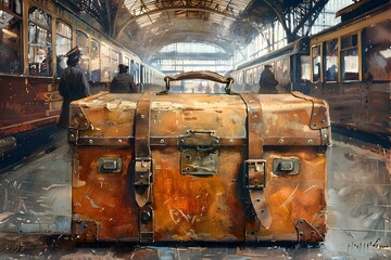 Weathered Vintage Leather Suitcase in a Bustling Train Station Oil Painting Portrayal