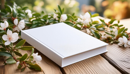 Mock-up of blank white book with hard cover on wooden table. Empty template. Close up